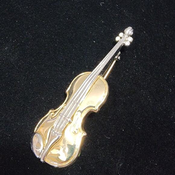 Violin Brooch Pin Rhinestone Accents On Bridge Gold & Silver Tone Vintage - Picture 13 of 16